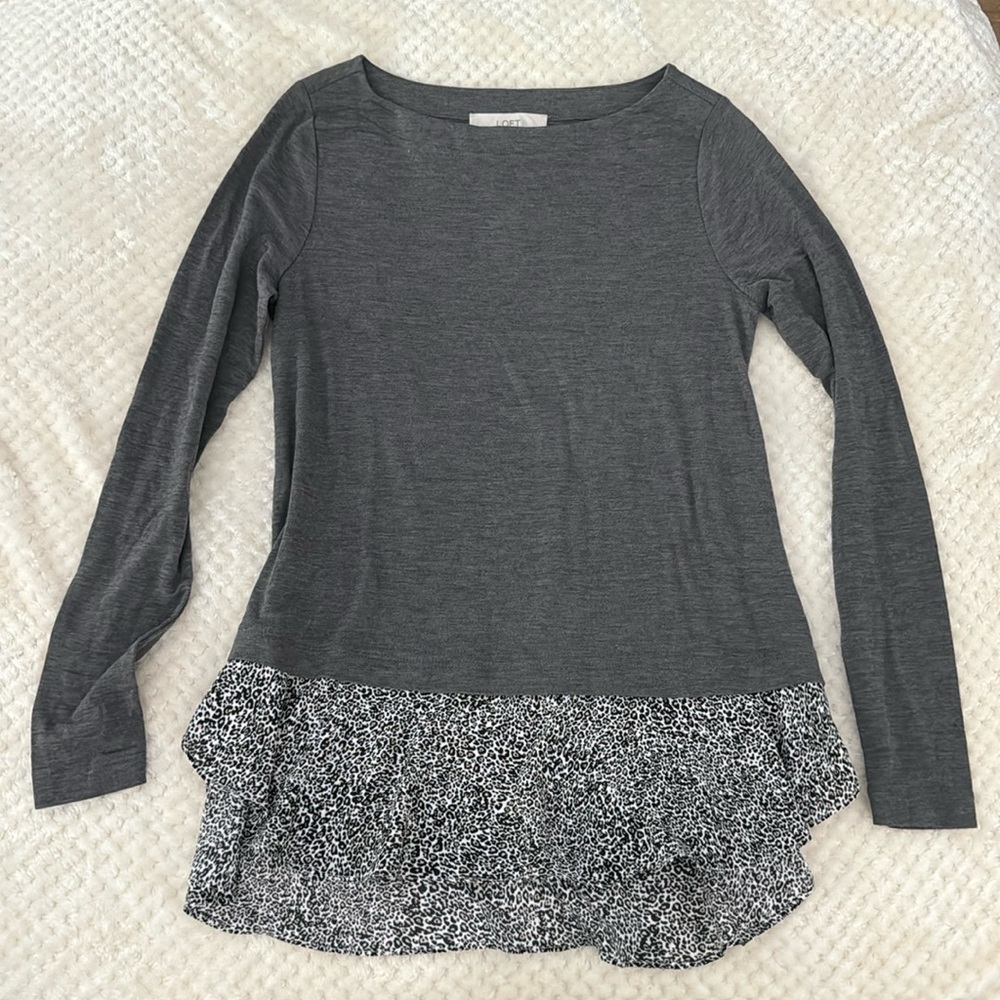 NWT - LOFT Long Sleeve Blouse in Gray with Animal Print Detail on bottom - Small